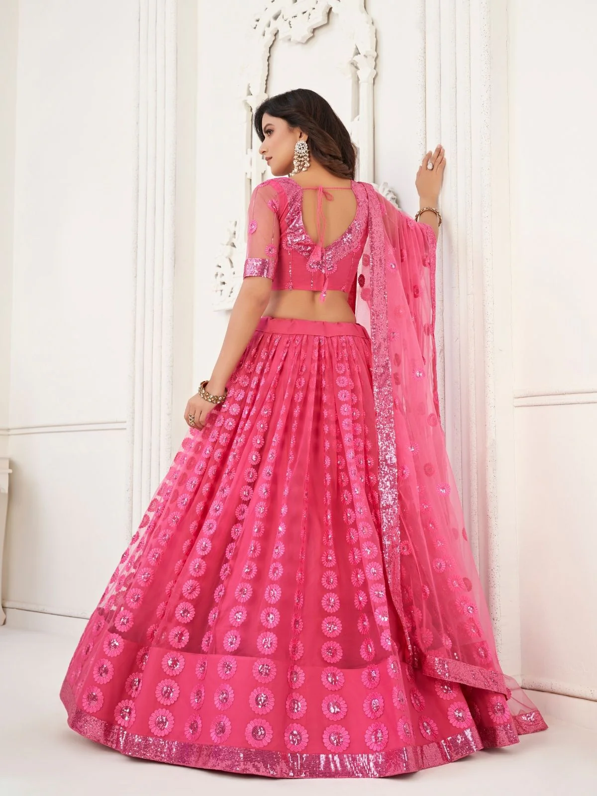 Odette Pink Net Embroidered Semi Stitched Lehenga For Women - Image 3