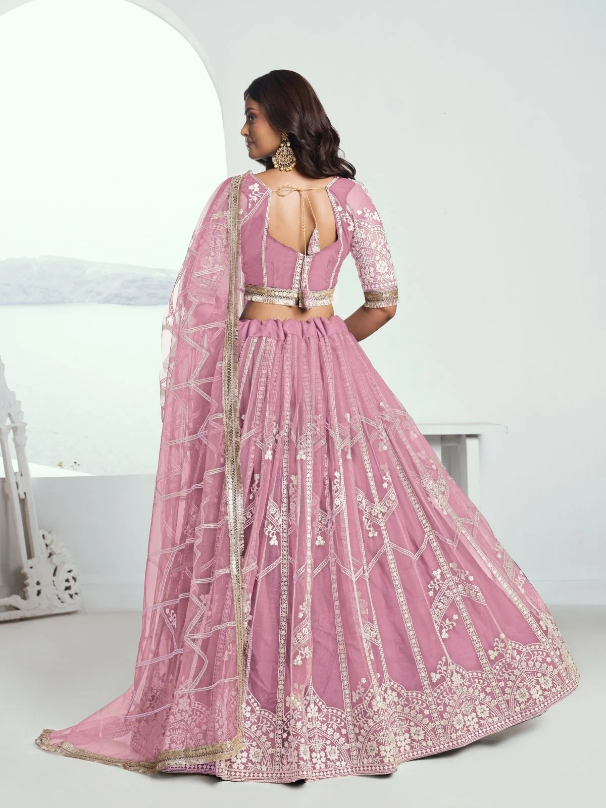 Odette Pink Net Embroidered Semi Stitched Lehenga For Women - Image 3