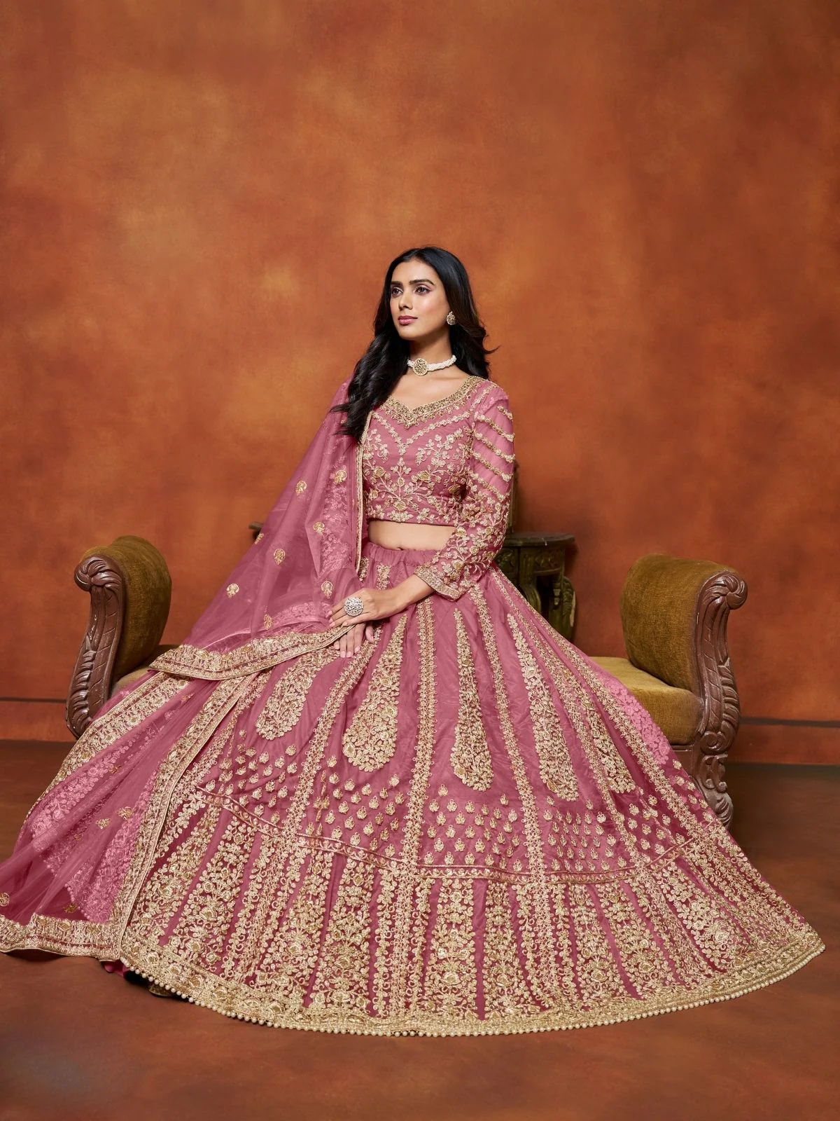 Odette Pink Net Embroidered Semi-Stitched lehenga For Women - Image 2