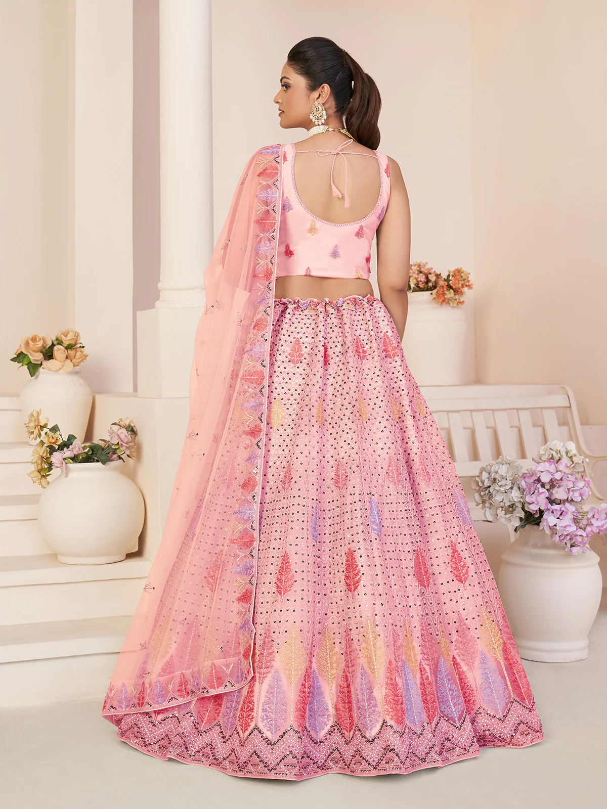 Odette Pink Georgette Embroidered Semi Stitched Lehenga With Unstitched Blouse for Women - Image 2