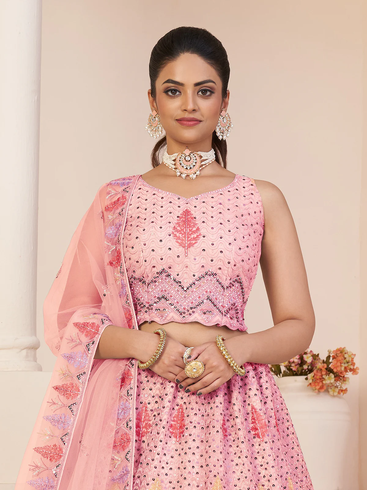 Odette Pink Georgette Embroidered Semi Stitched Lehenga With Unstitched Blouse for Women - Image 3