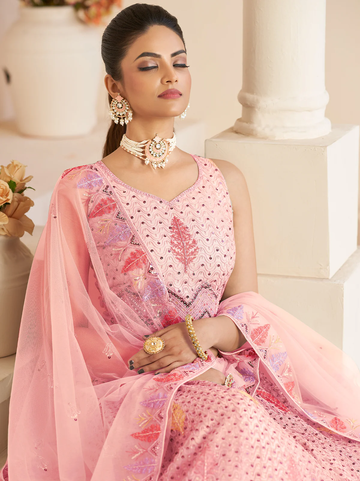 Odette Pink Georgette Embroidered Semi Stitched Lehenga With Unstitched Blouse for Women - Image 4