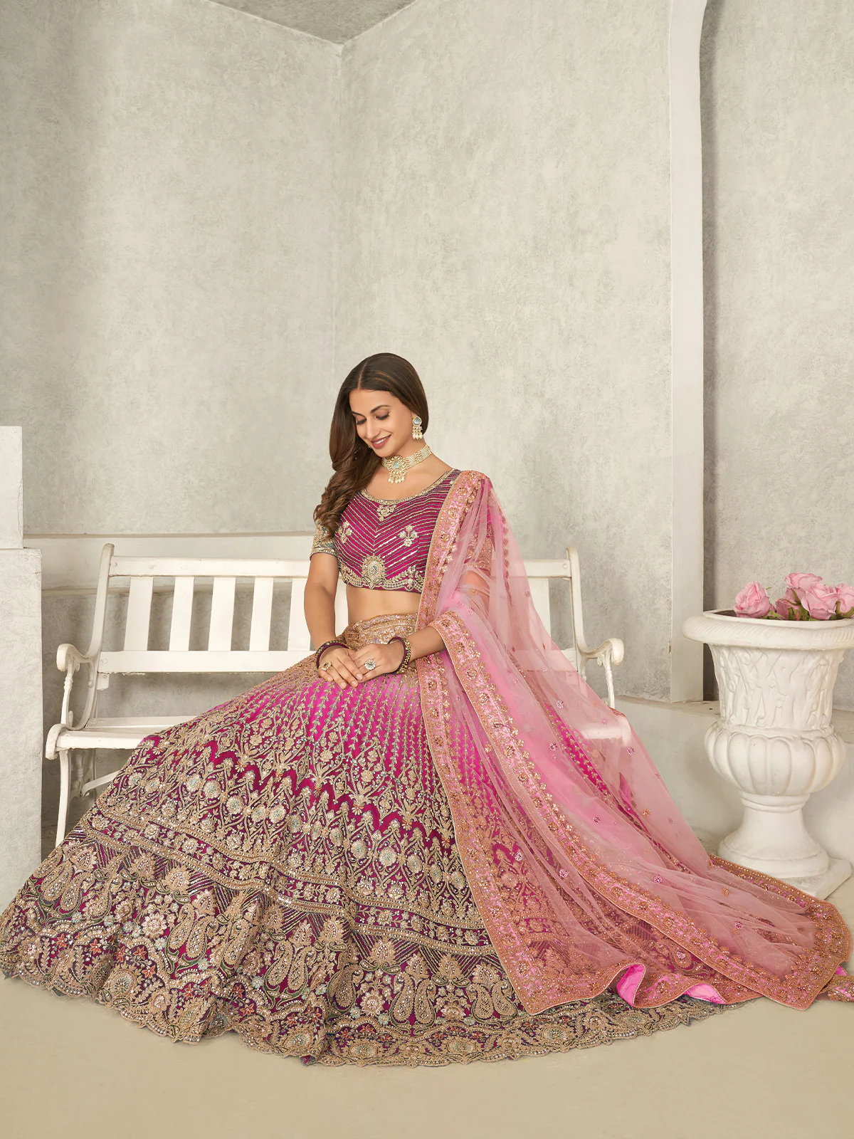 Odette Pink Net Embroidered Semi Stitched Lehenga With Unstitched Blouse for Women - Image 2