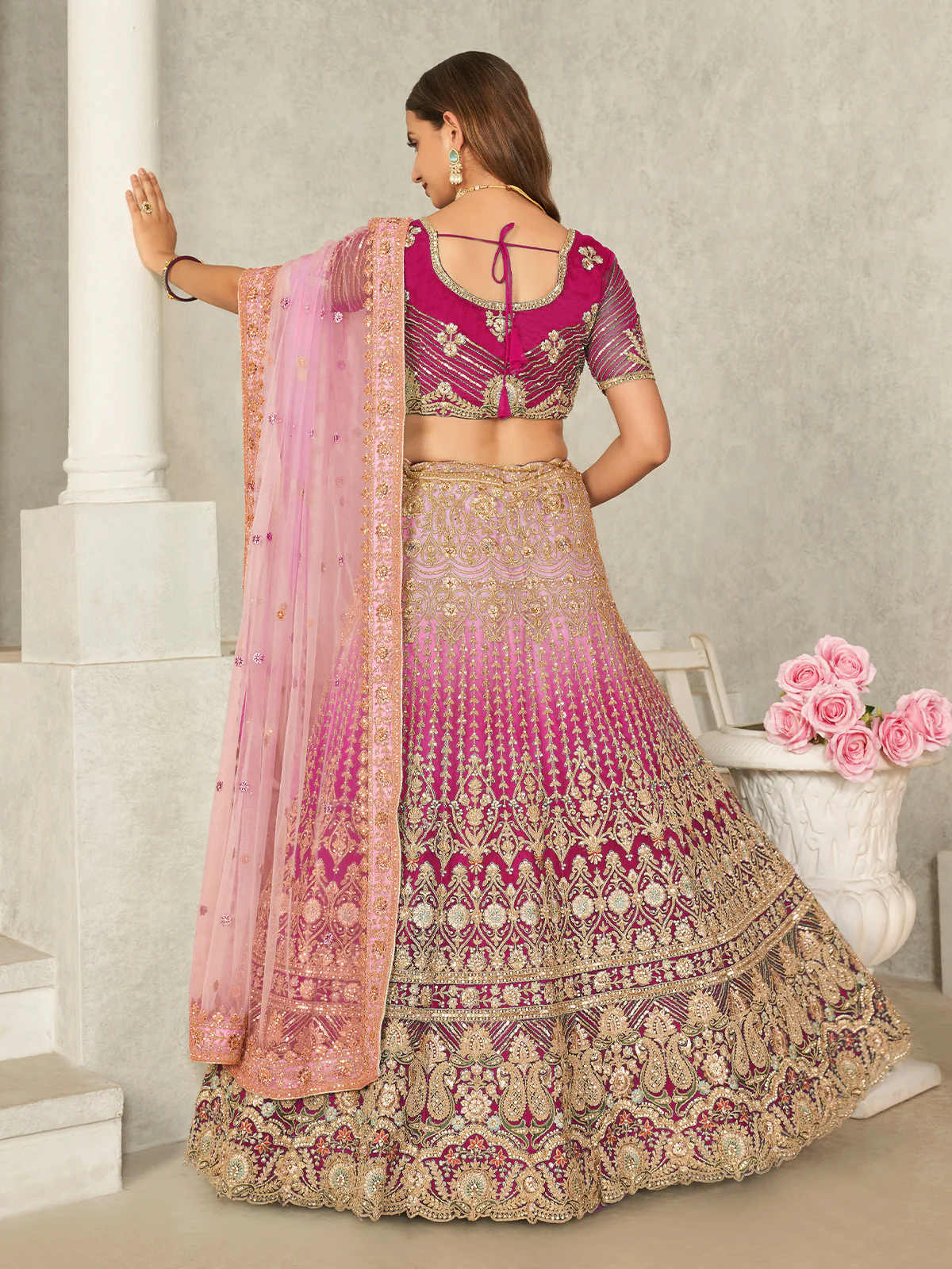 Odette Pink Net Embroidered Semi Stitched Lehenga With Unstitched Blouse for Women - Image 3