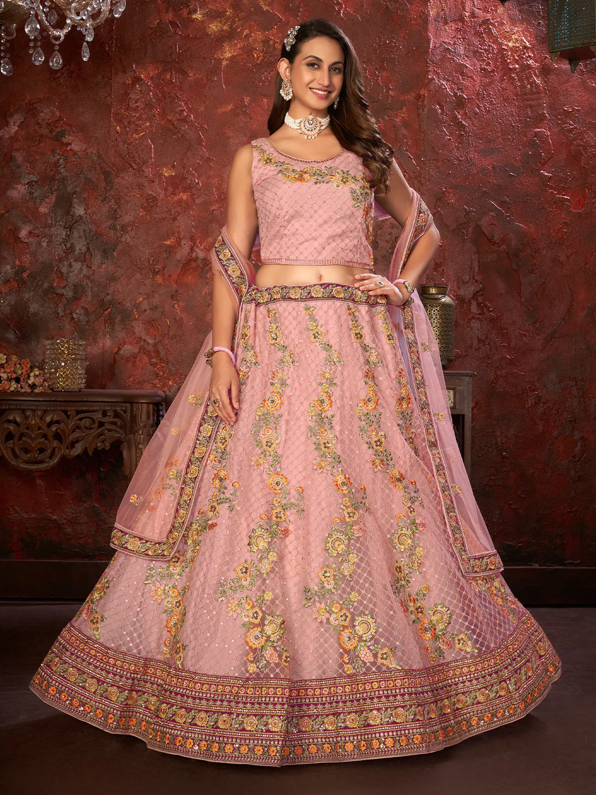 Odette Pink Net Embroidered Semi Stitched Lehenga With Unstitched Blouse for Women - Image 2