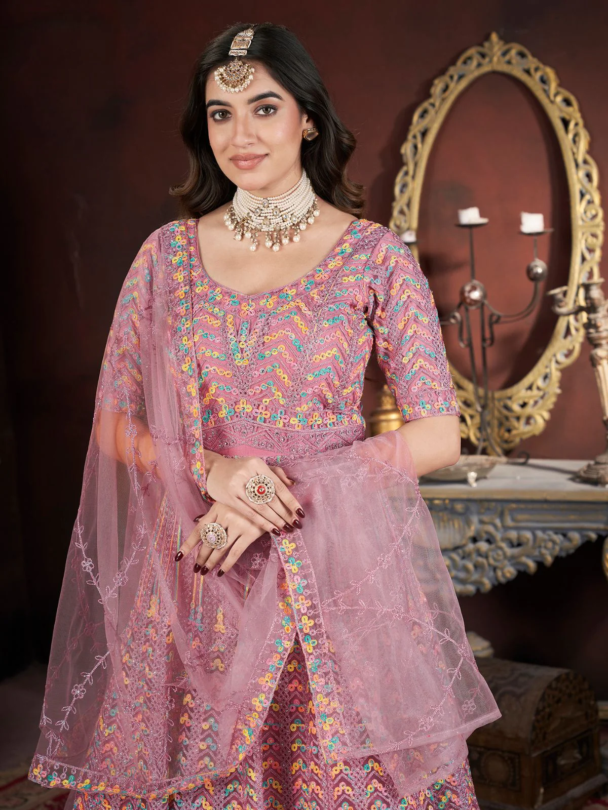 Odette Pink Net Embroidered Stitched Gown For Women - Image 4