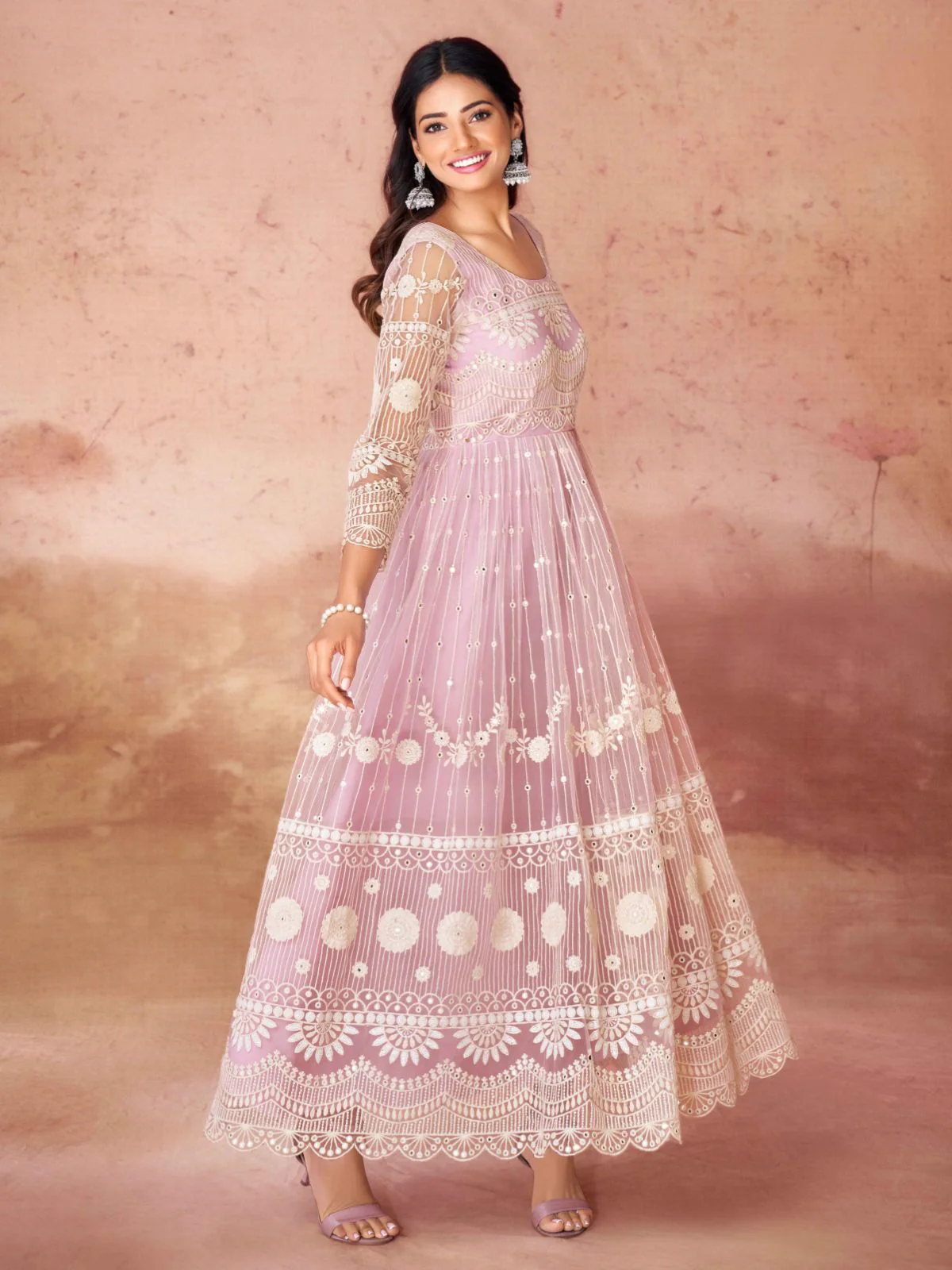 Odette Pink Net Embroidered Stitched Gown For Women - Image 3
