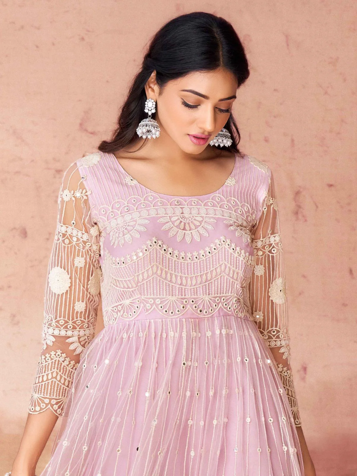 Odette Pink Net Embroidered Stitched Gown For Women - Image 5