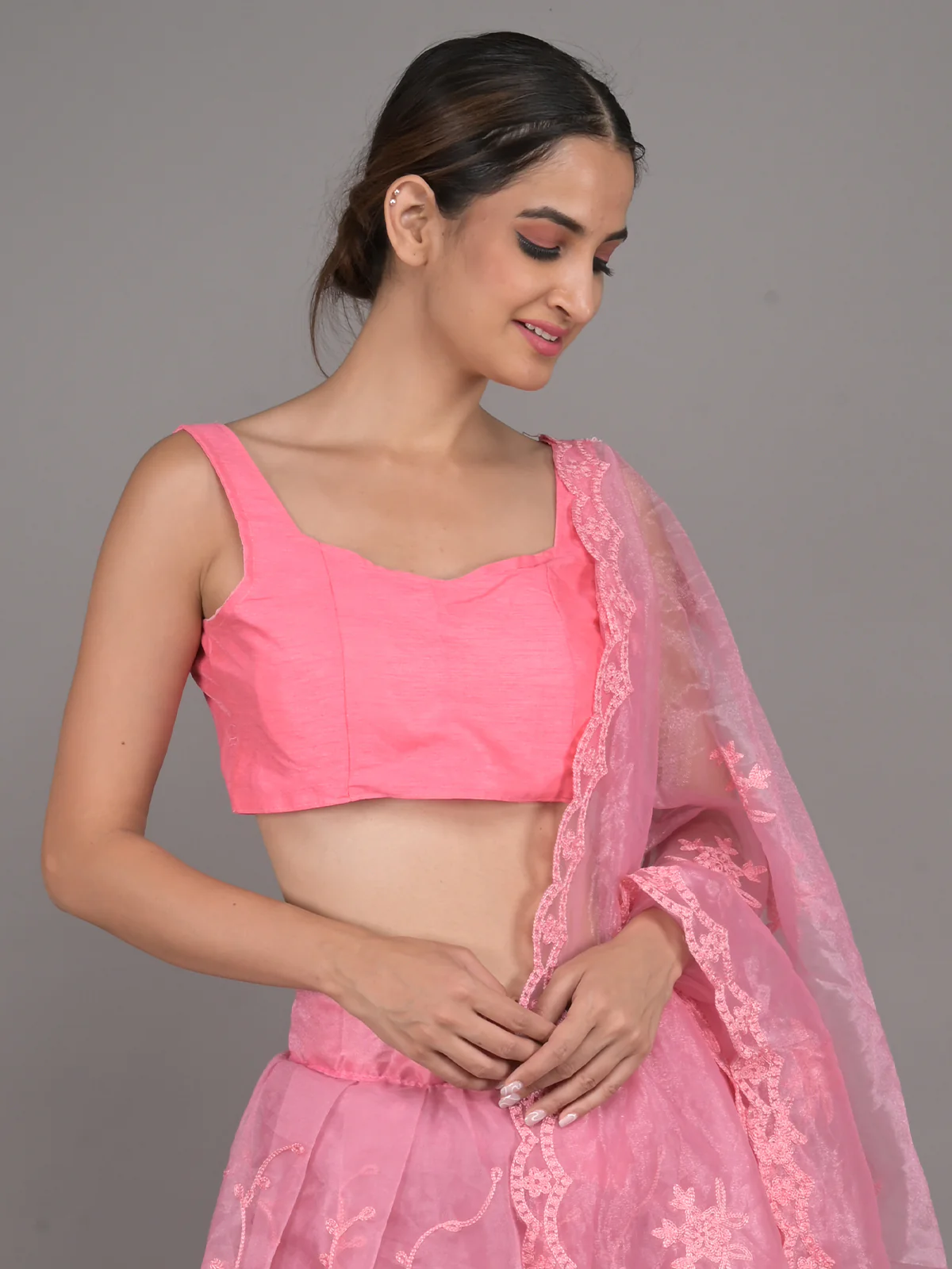 Odette Pink Net Semi Stitched Lehenga With Unstitched Blouse For Women - Image 4