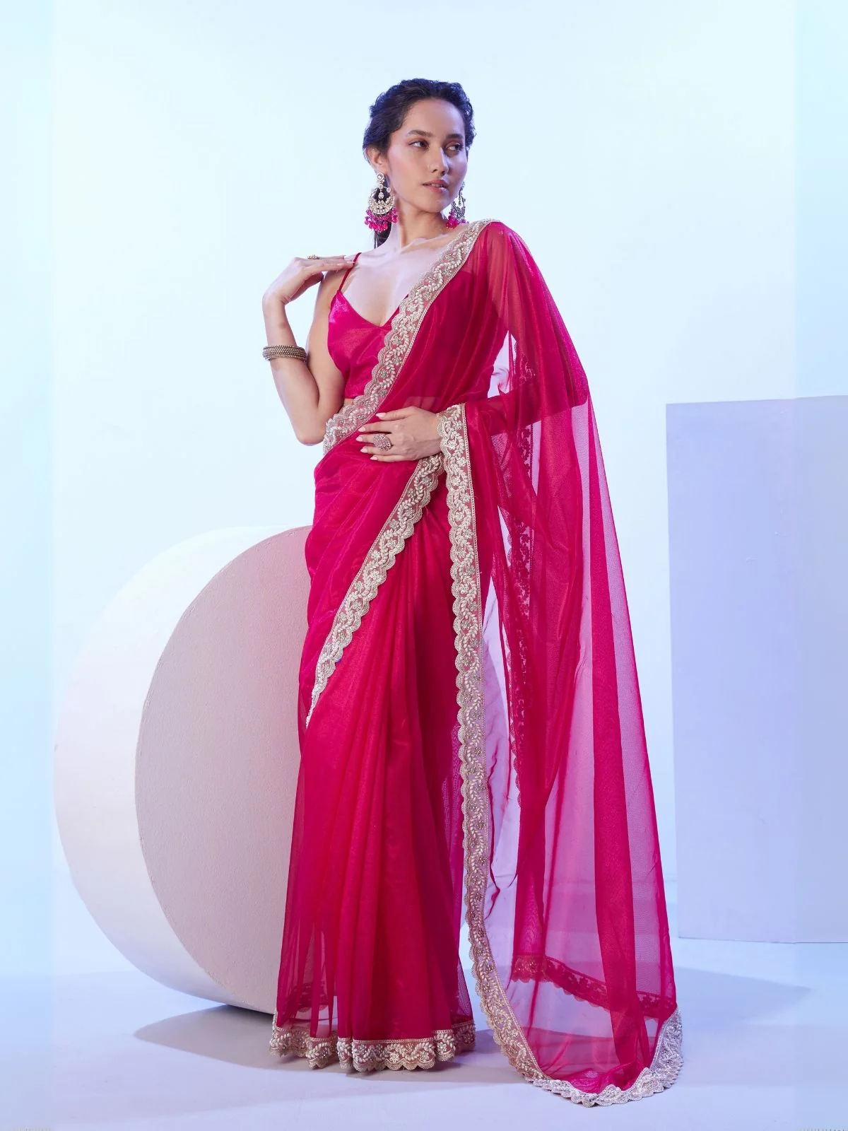 Odette Pink Net Lace Work Saree With Unstitched Blouse For Women - Image 2