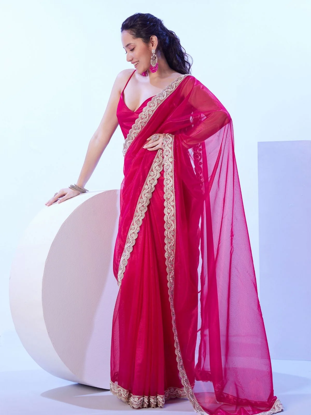 Odette Pink Net Lace Work Saree With Unstitched Blouse For Women - Image 3