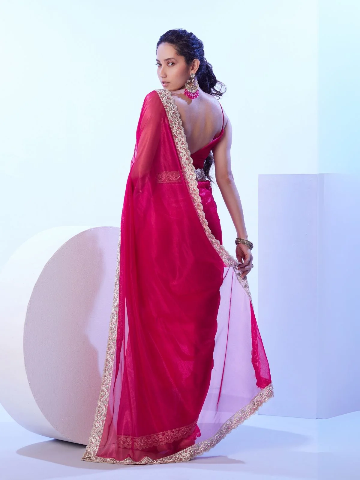 Odette Pink Net Lace Work Saree With Unstitched Blouse For Women - Image 5