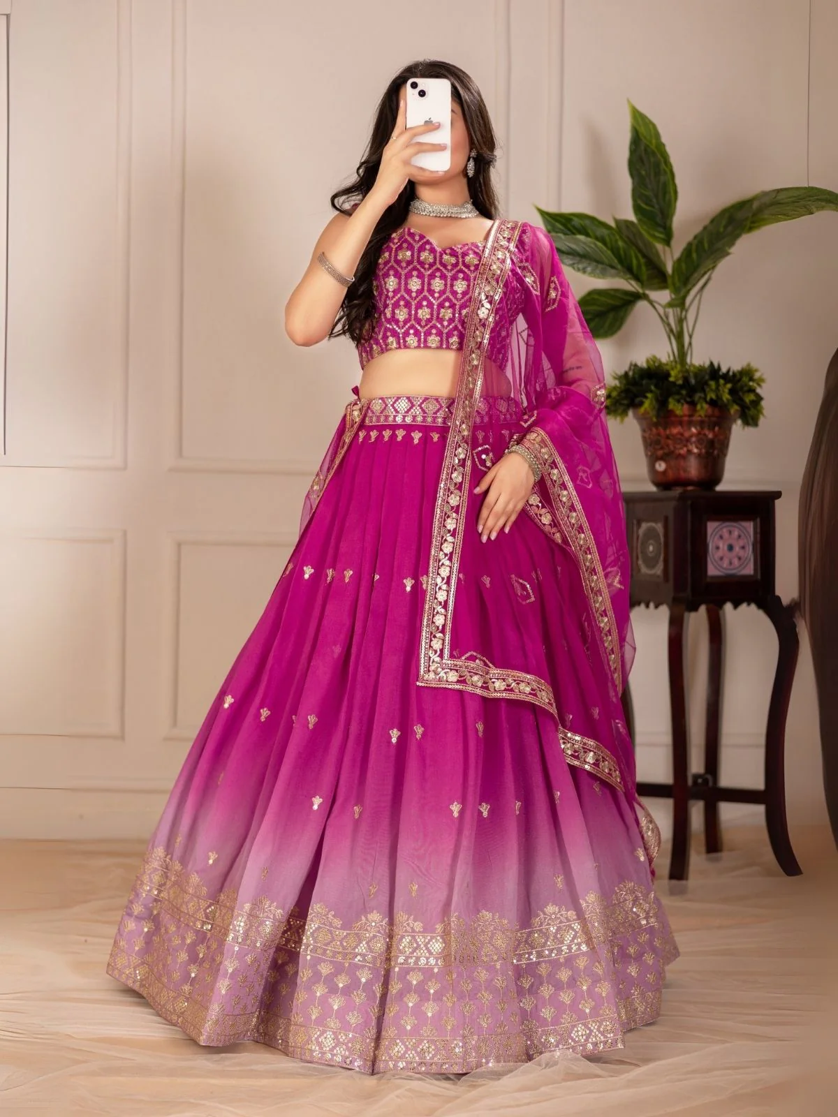 Odette Pink Ombre Silk Blend Embroidered Semi-Stitched lehenga For Women