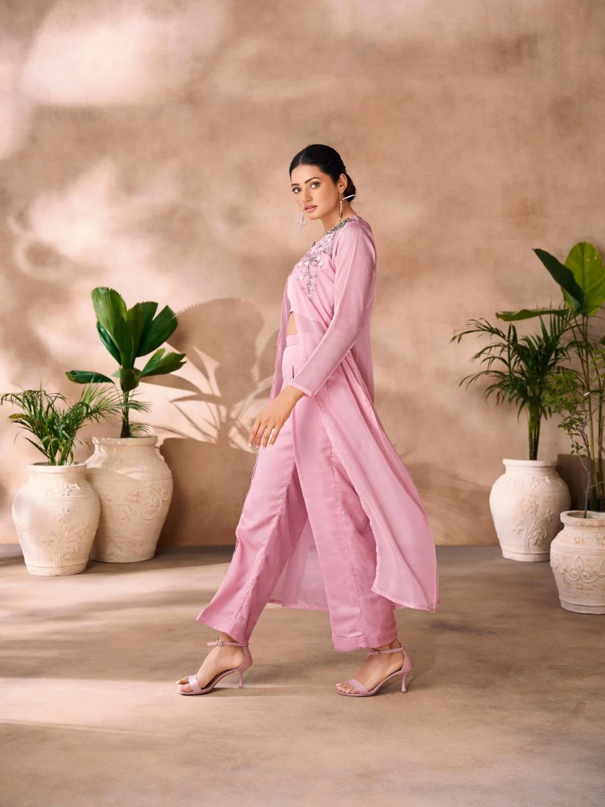 Odette Pink Organza Embellished Co-Ord Set For Women - Image 4