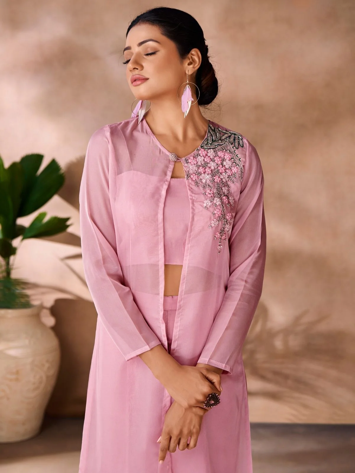 Odette Pink Organza Embellished Co-Ord Set For Women - Image 6