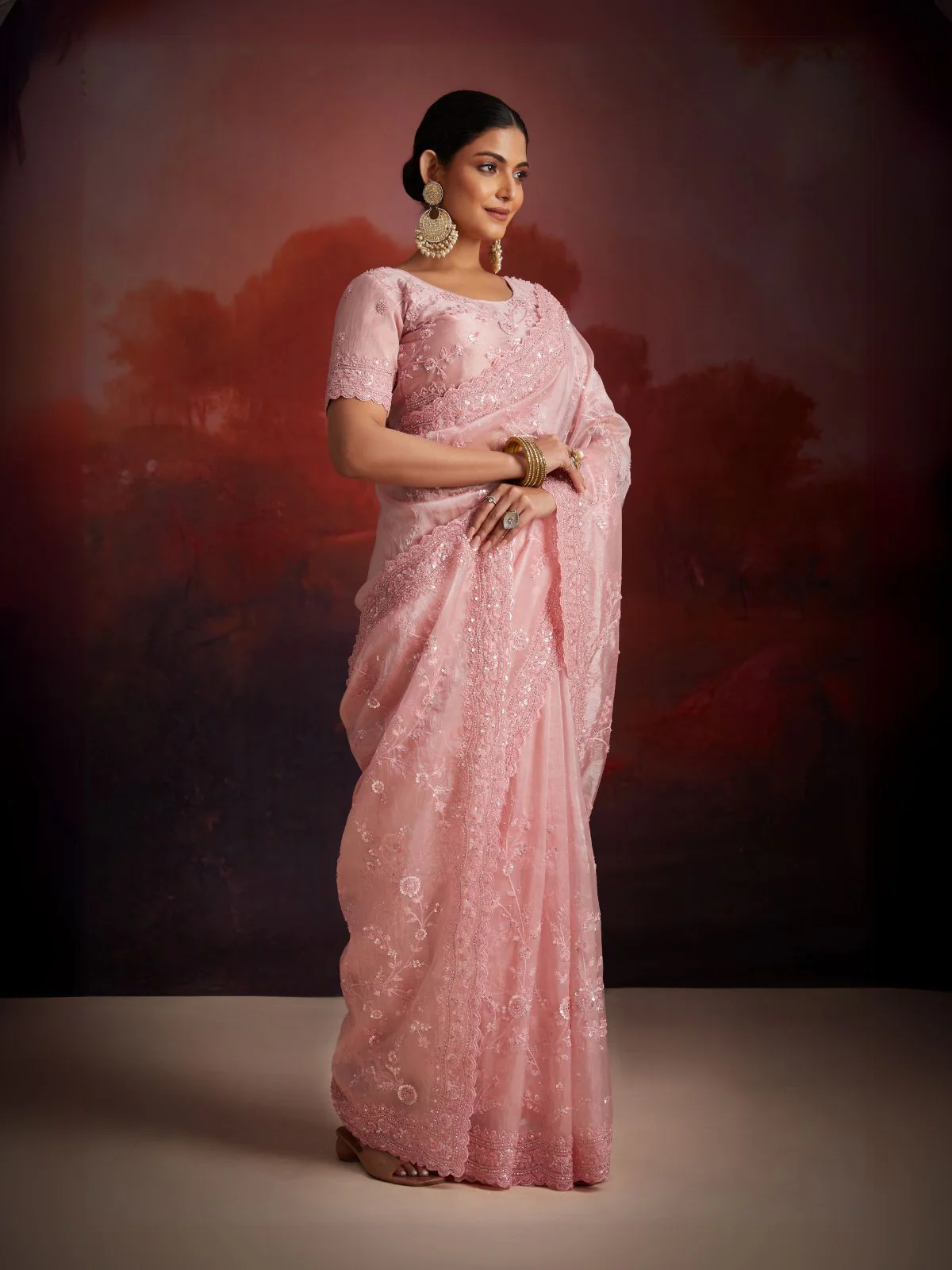 Odette Pink Organza Embellished Saree For Women - Image 2