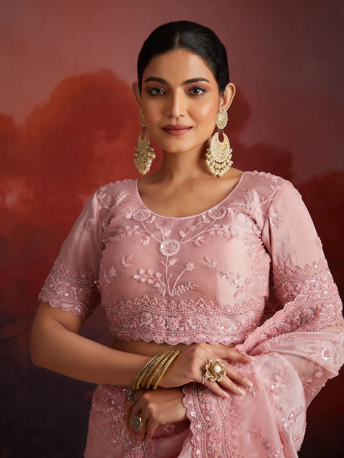 Odette Pink Organza Embellished Saree For Women - Image 3