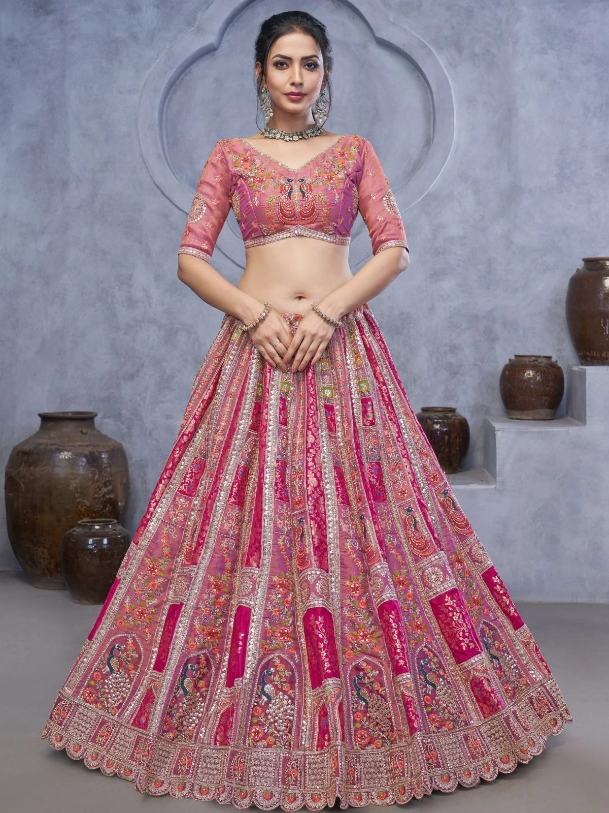 Odette Pink Organza Embellished Semi-Stitched Lehenga With Unstitched Blouse For Women - Image 2
