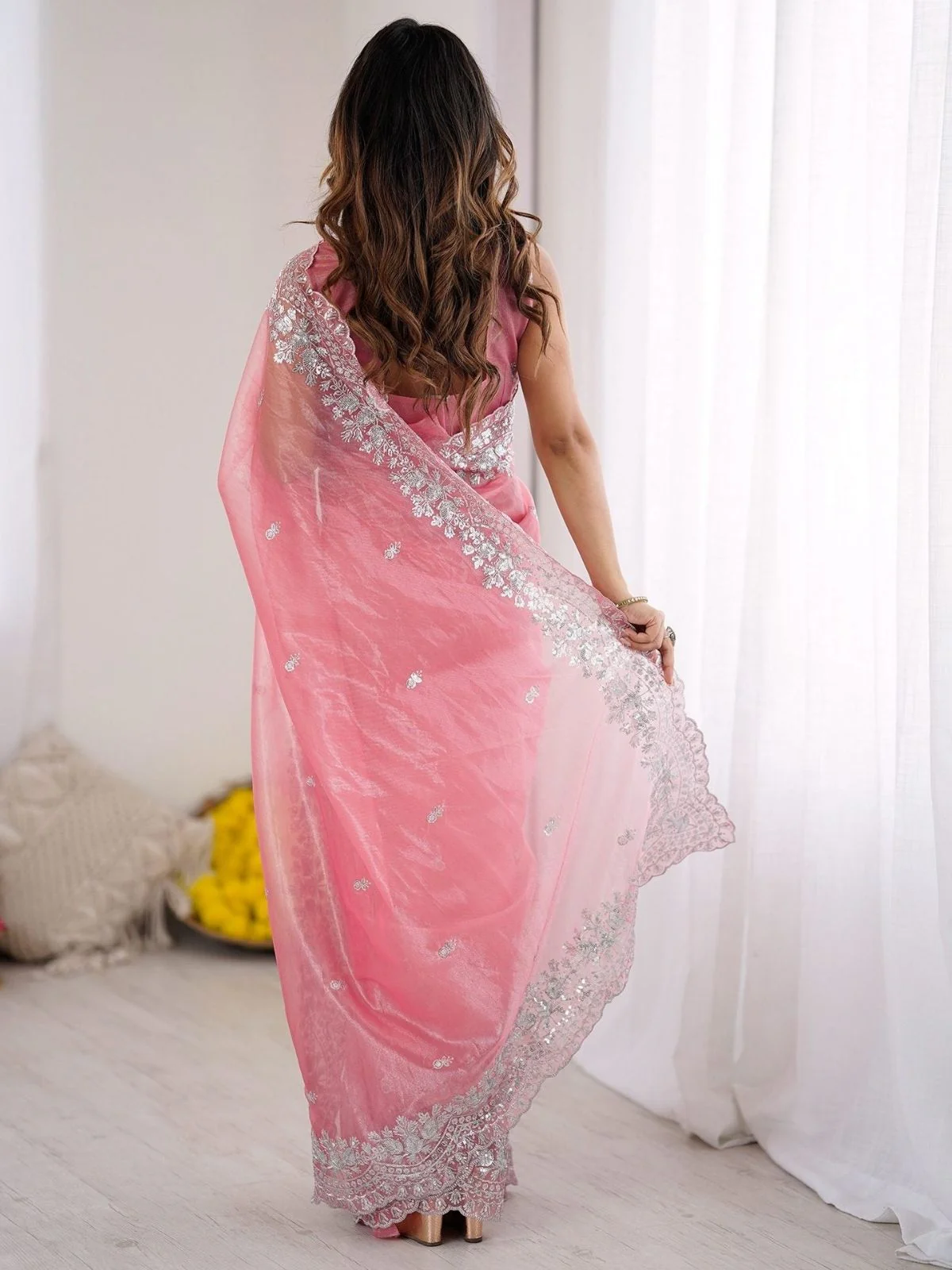 Odette Pink Organza Embellished Solid Saree For Women - Image 2