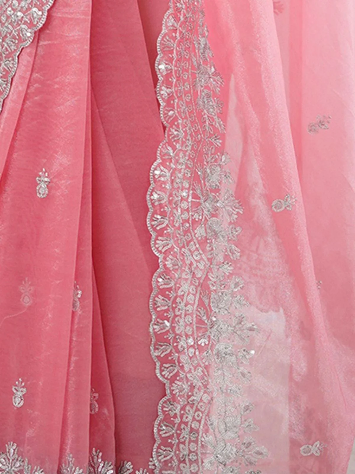 Odette Pink Organza Embellished Solid Saree For Women - Image 6
