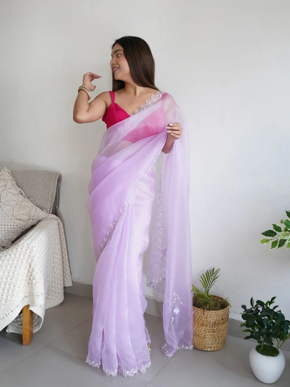 Odette Pink Organza Embroidered Saree With Unstitched Blouse For Women - Image 2