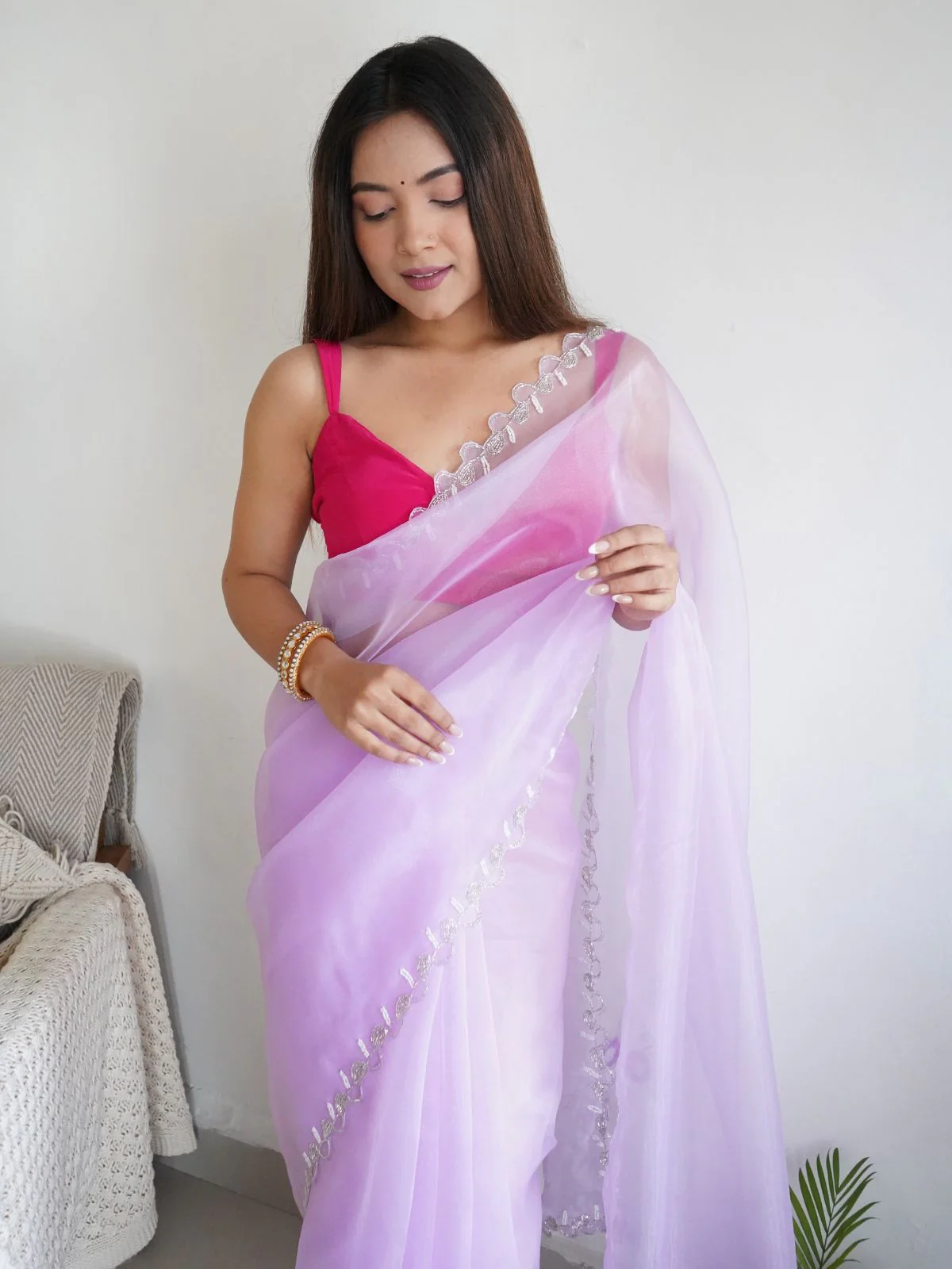 Odette Pink Organza Embroidered Saree With Unstitched Blouse For Women - Image 6