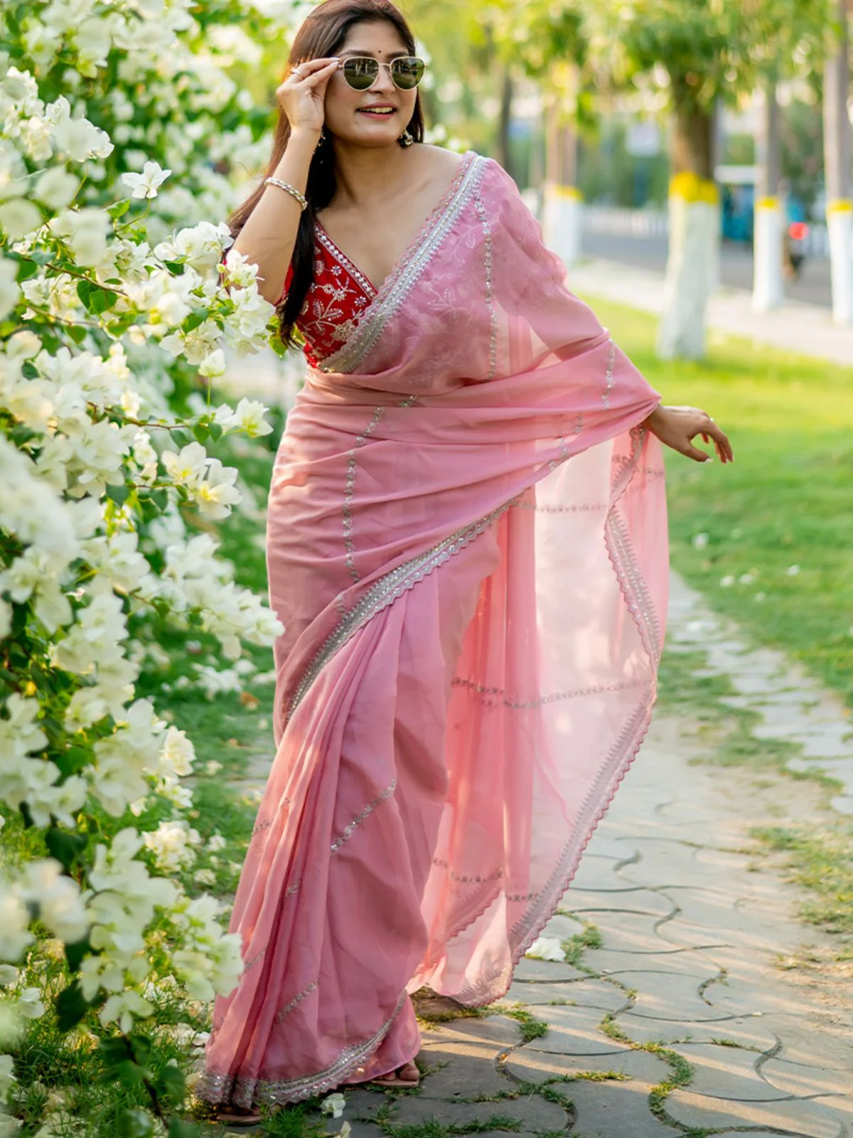 Odette Pink Organza Embroidered Saree with Stitched Blouse for Women - Image 2