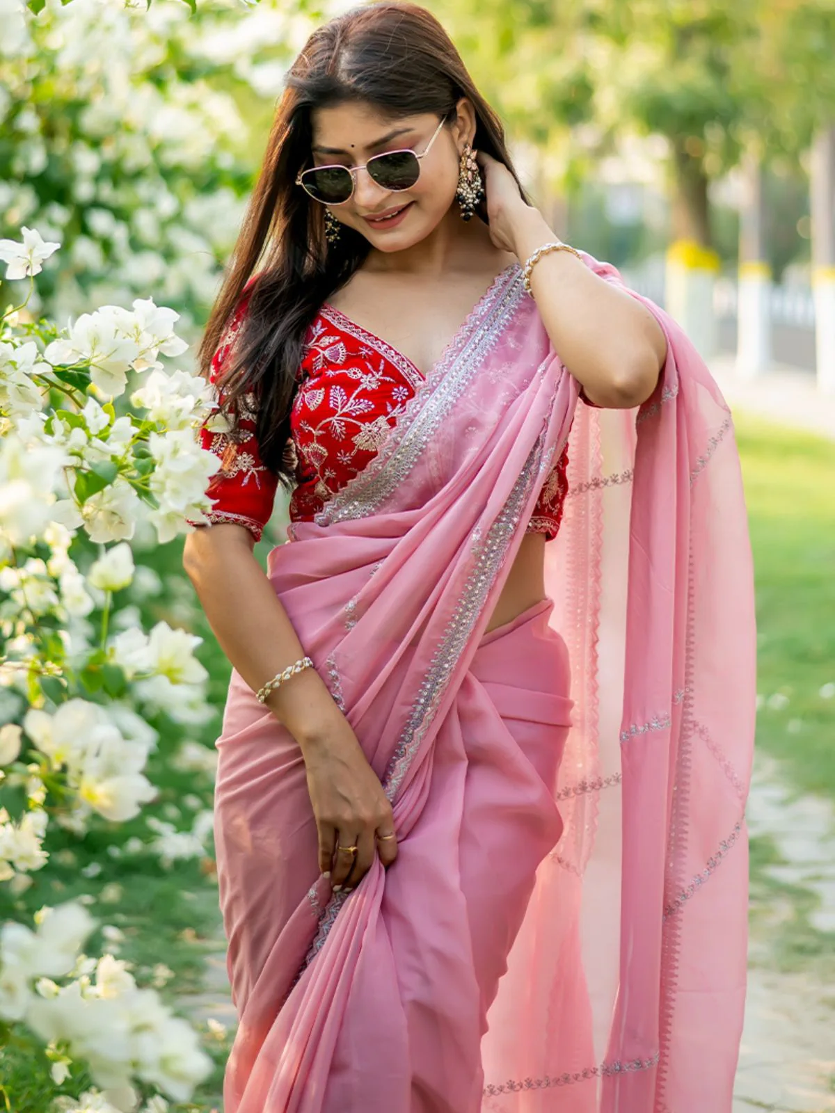 Odette Pink Organza Embroidered Saree with Stitched Blouse for Women - Image 3