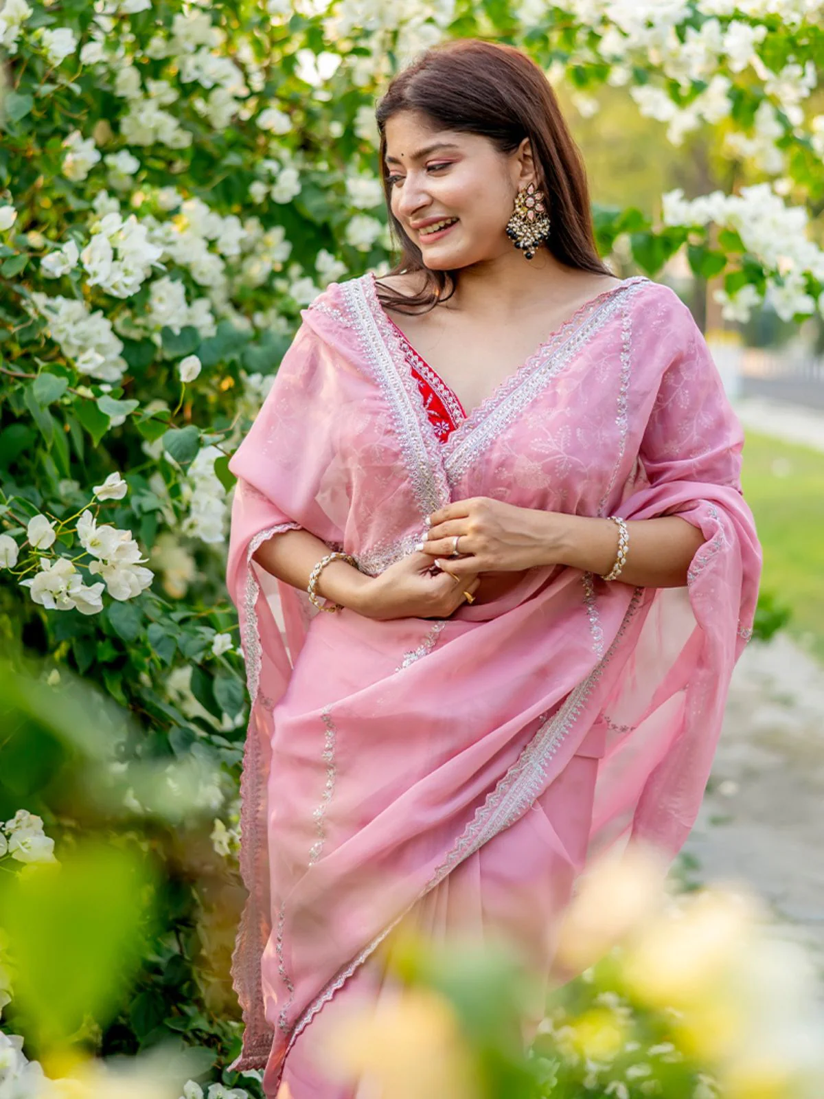Odette Pink Organza Embroidered Saree with Stitched Blouse for Women - Image 5