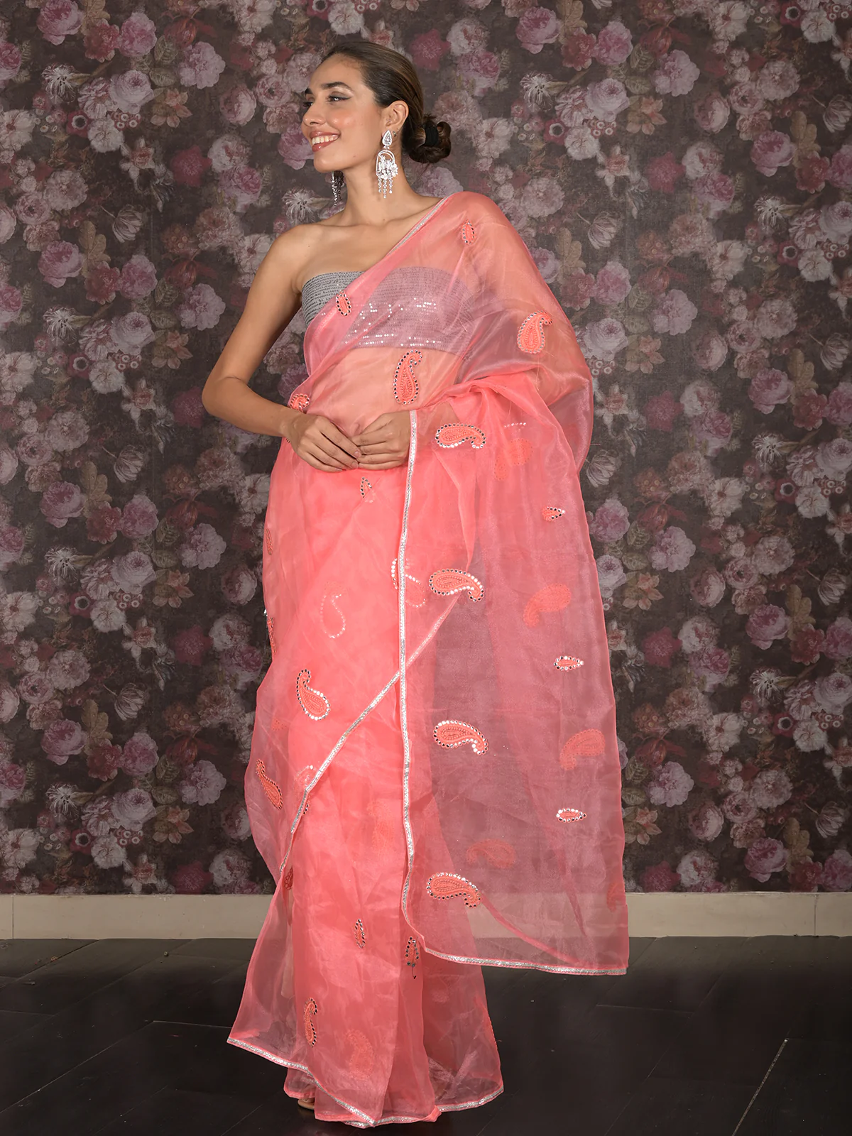 Odette Pink Organza Embroidered Saree With Unstitched Blouse For Women - Image 2