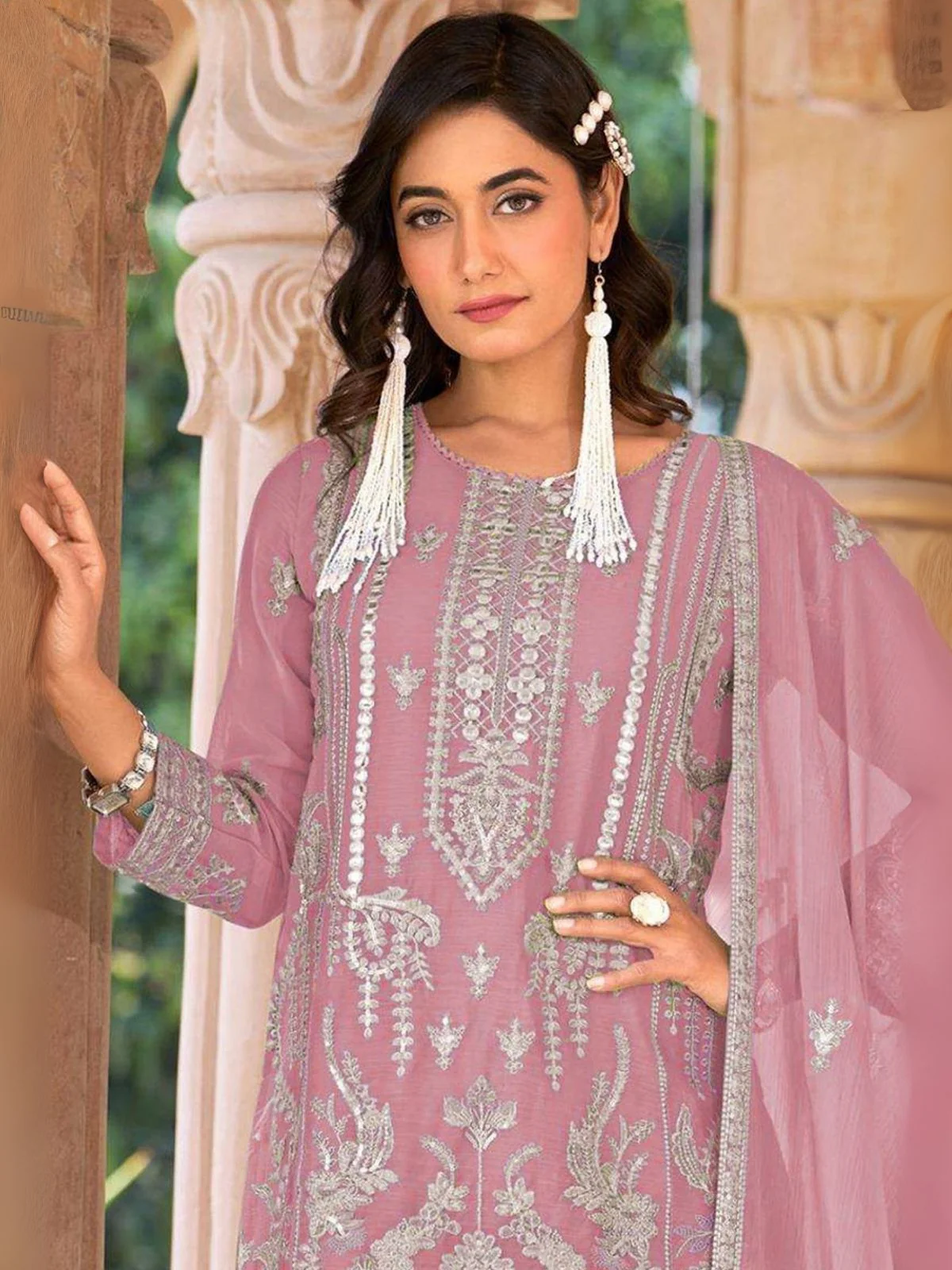 Odette Pink Organza Embroidered Semi-Sitched Kurta Set For Women - Image 2