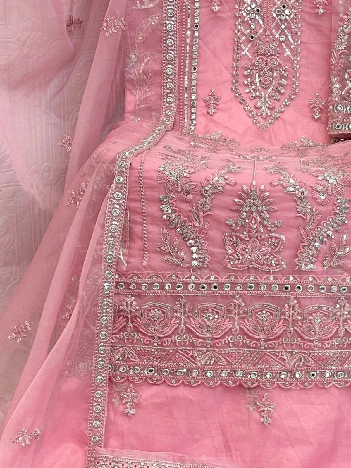 Odette Pink Organza Embroidered Semi-Sitched Kurta Set For Women - Image 3