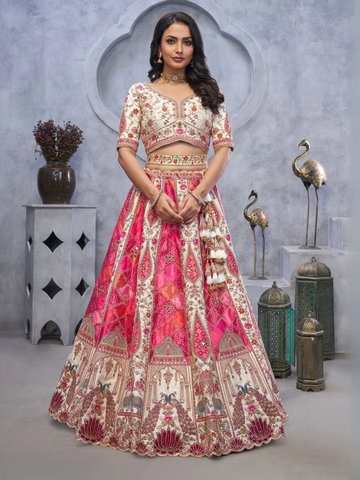 Odette Pink Organza  Embroidered Semi-Stitched Lehenga With Unstitched Blouse For Women - Image 2