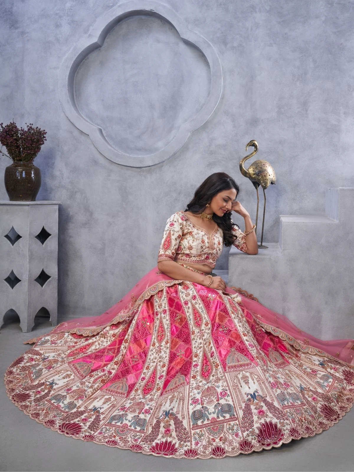 Odette Pink Organza  Embroidered Semi-Stitched Lehenga With Unstitched Blouse For Women - Image 4