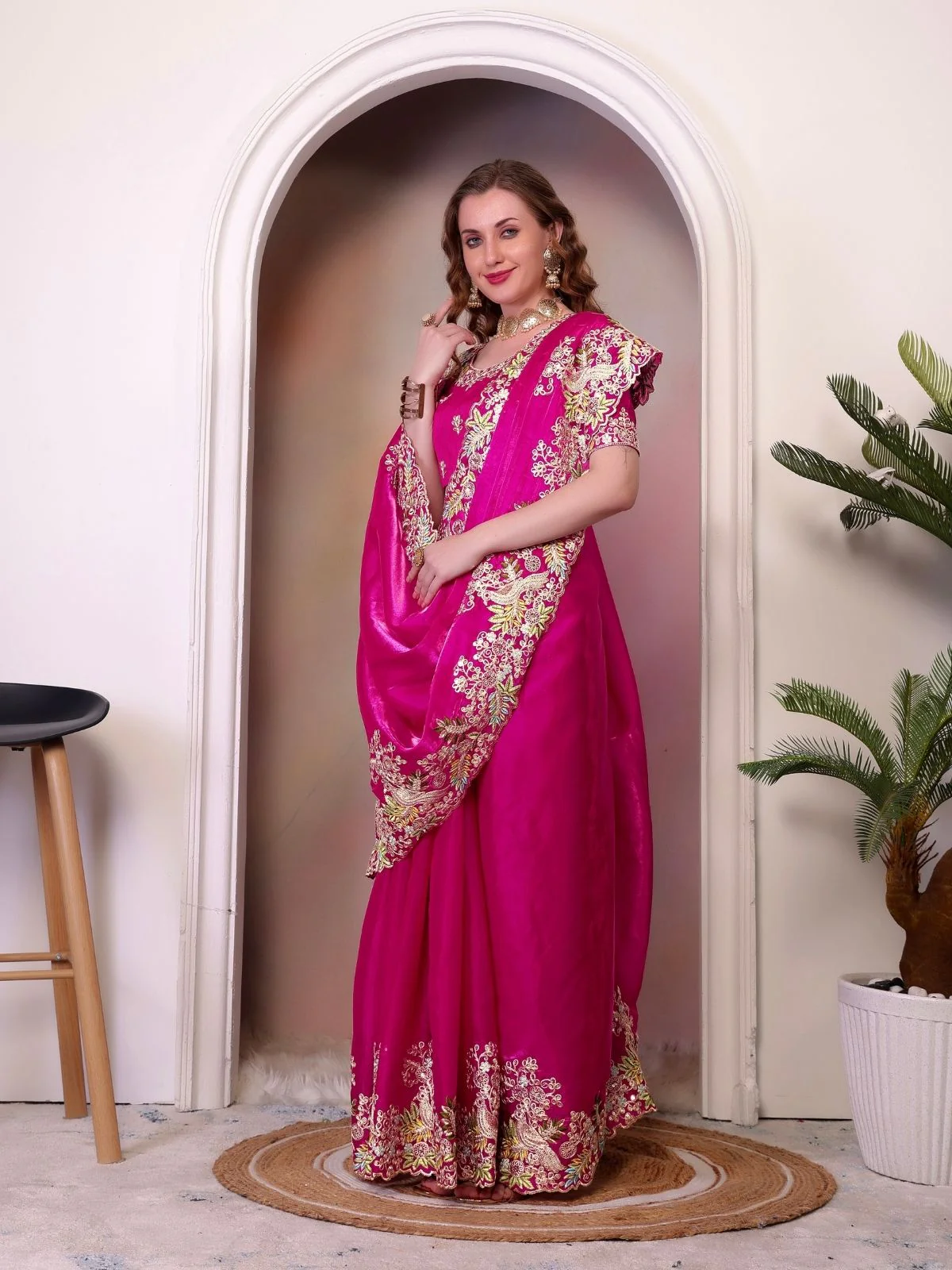 Odette Pink Organza Embroidered Solid Saree For Women - Image 2