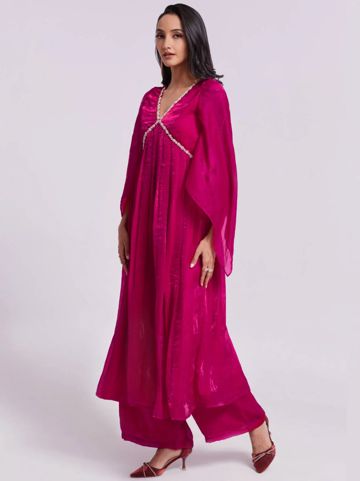 Odette Pink Organza Embroidered Stitched Kurta Set For Women - Image 4