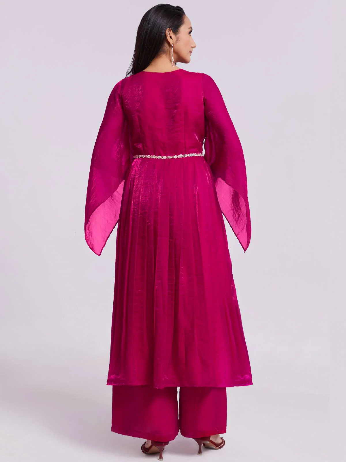 Odette Pink Organza Embroidered Stitched Kurta Set For Women - Image 5
