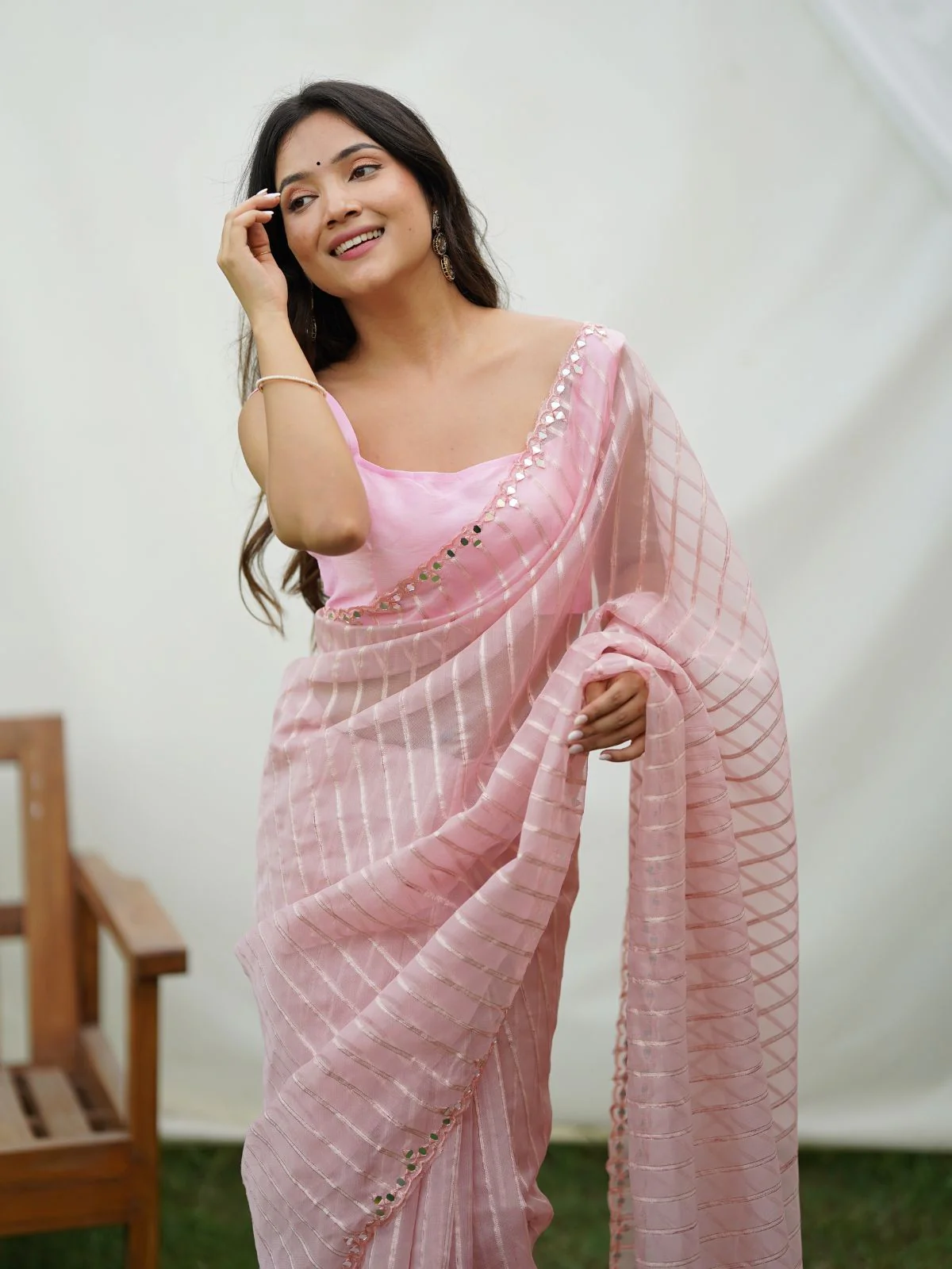 Odette Pink Organza Mirror Work Saree With Unstitched Blouse For Women - Image 5