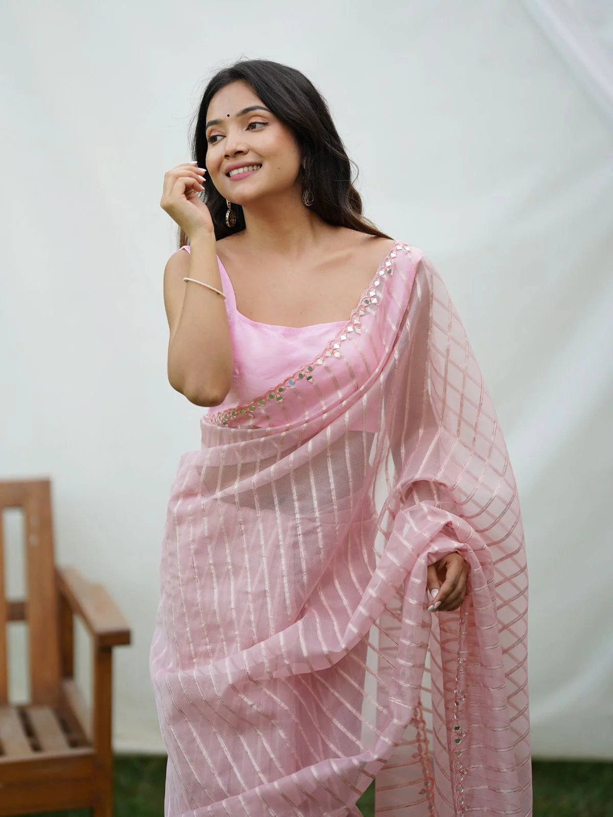 Odette Pink Organza Mirror Work Saree With Unstitched Blouse For Women - Image 6