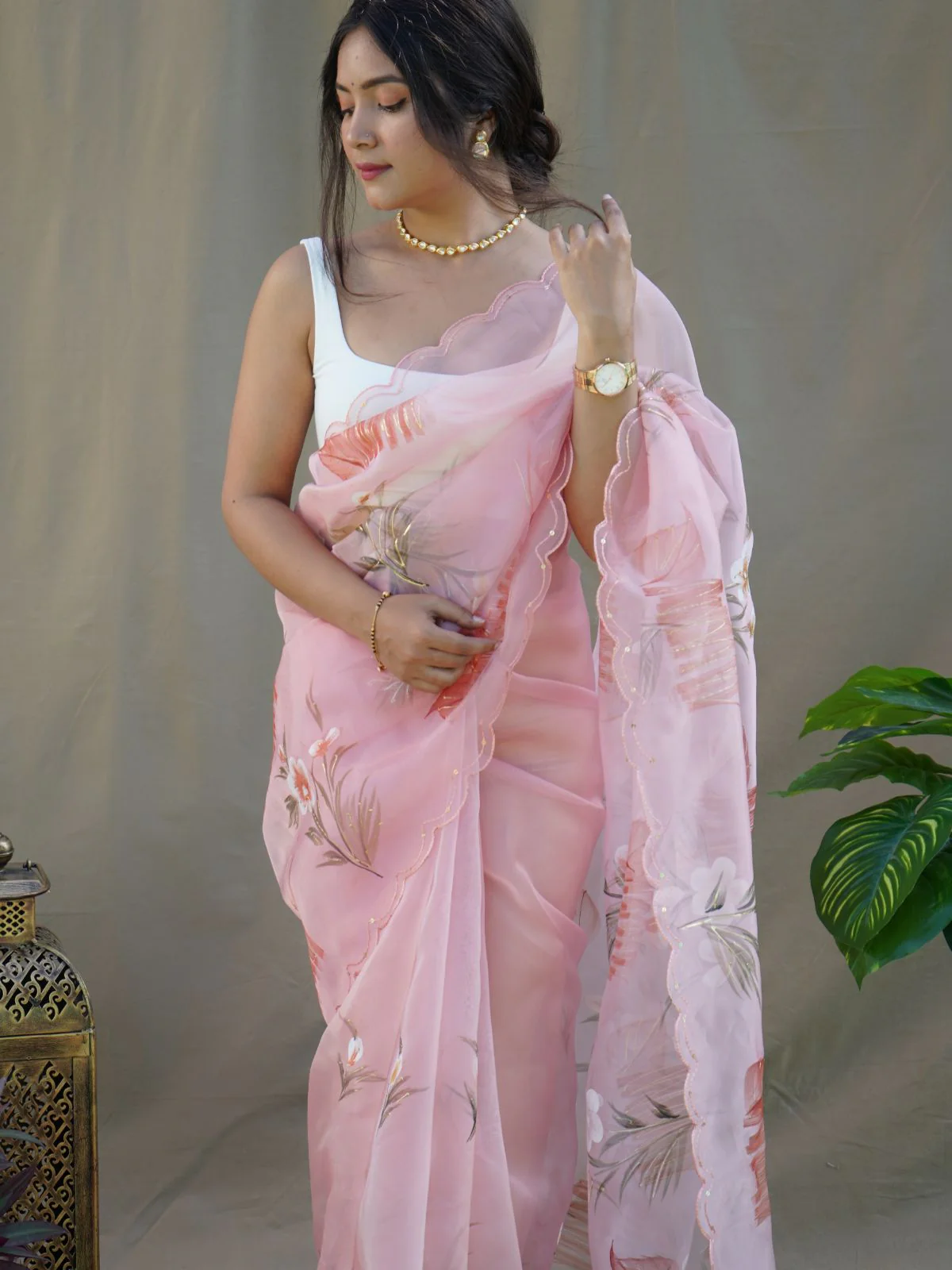 Odette Pink Organza Printed Saree With Unstitched Blouse For Women - Image 3