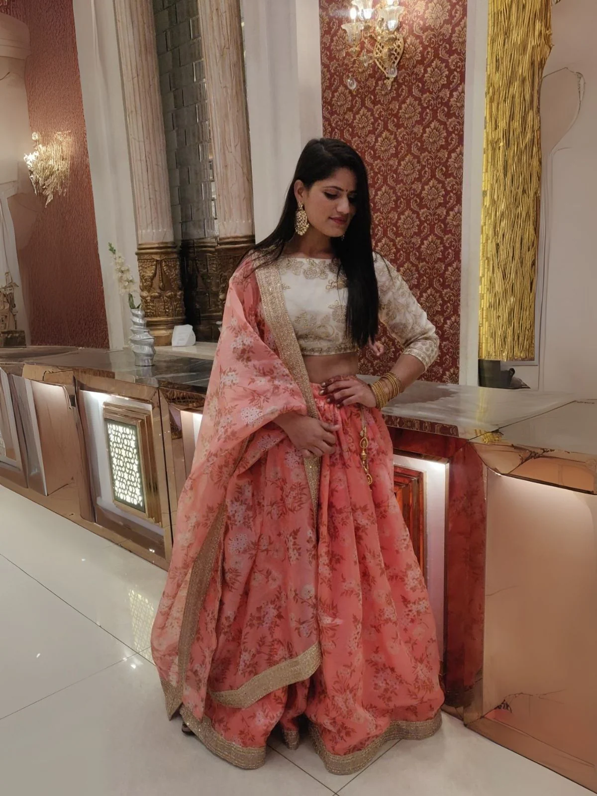 Odette Pink Organza Printed Semi-Stitched lehenga For Women - Image 3