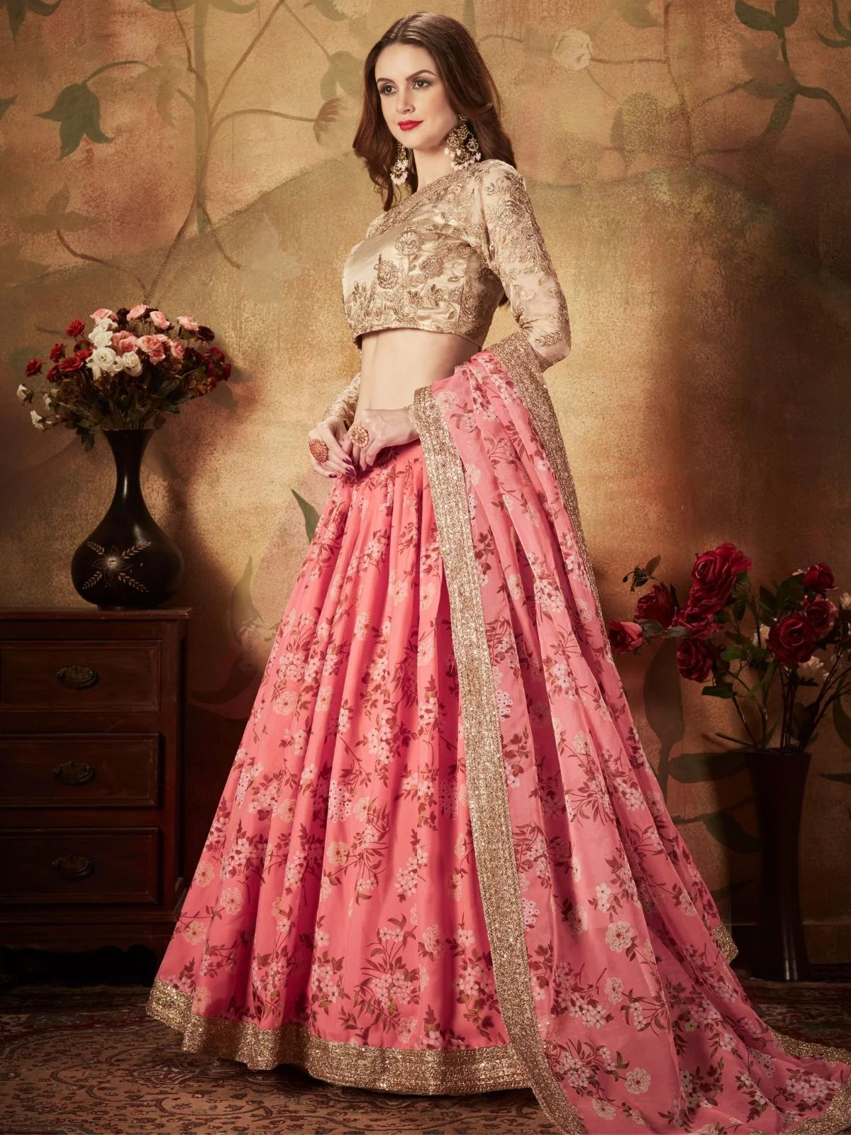 Odette Pink Organza Printed Semi Stitched Lehenga With Unstitched Blouse For Women - Image 3
