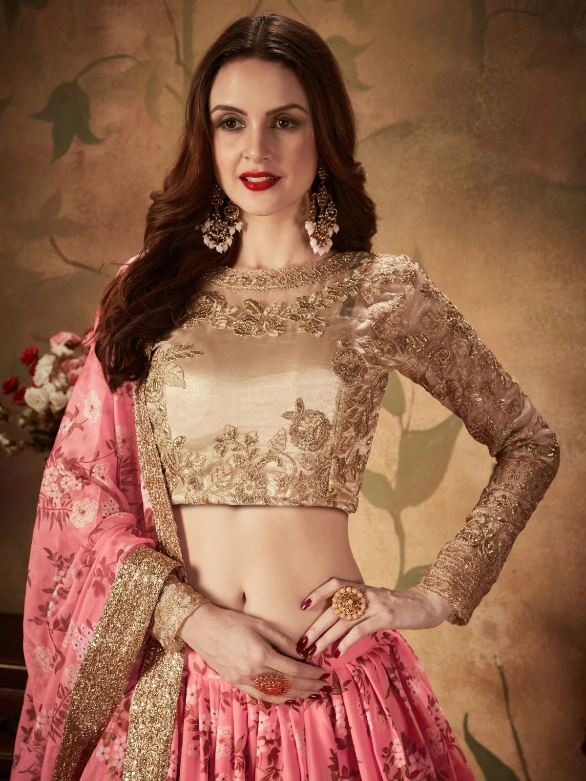 Odette Pink Organza Printed Semi Stitched Lehenga With Unstitched Blouse For Women - Image 5