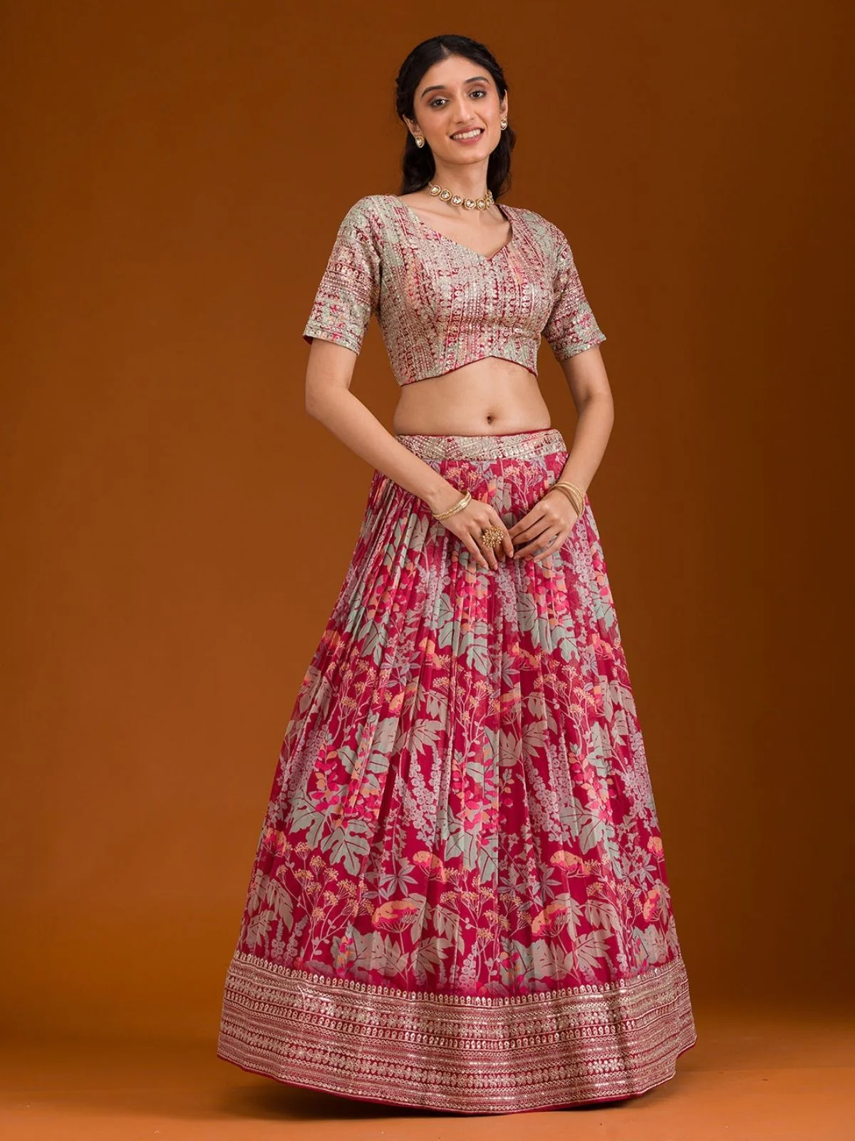 Odette Pink Organza Printed Stitched Lehenga Choli For Women - Image 3