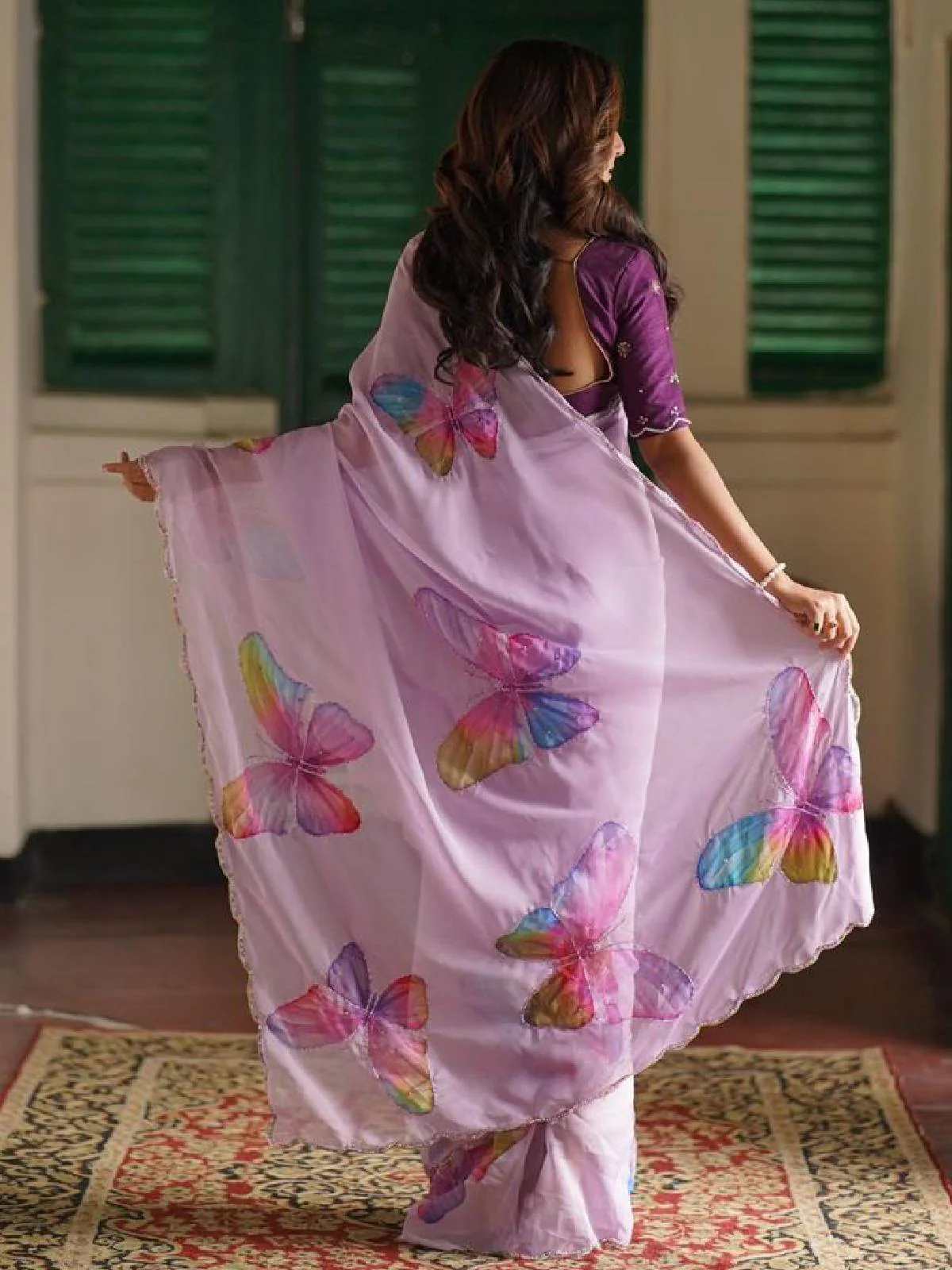 Odette Pink Organza Printed Saree With Unstitched Blouse For Women - Image 4