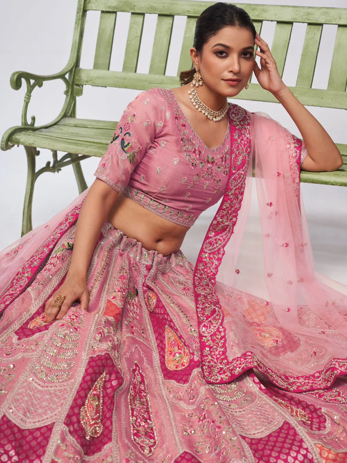 Odette Pink Organza Silk Embroidered Semi Stitched Lehenga With Unstitched Blouse For Women - Image 3