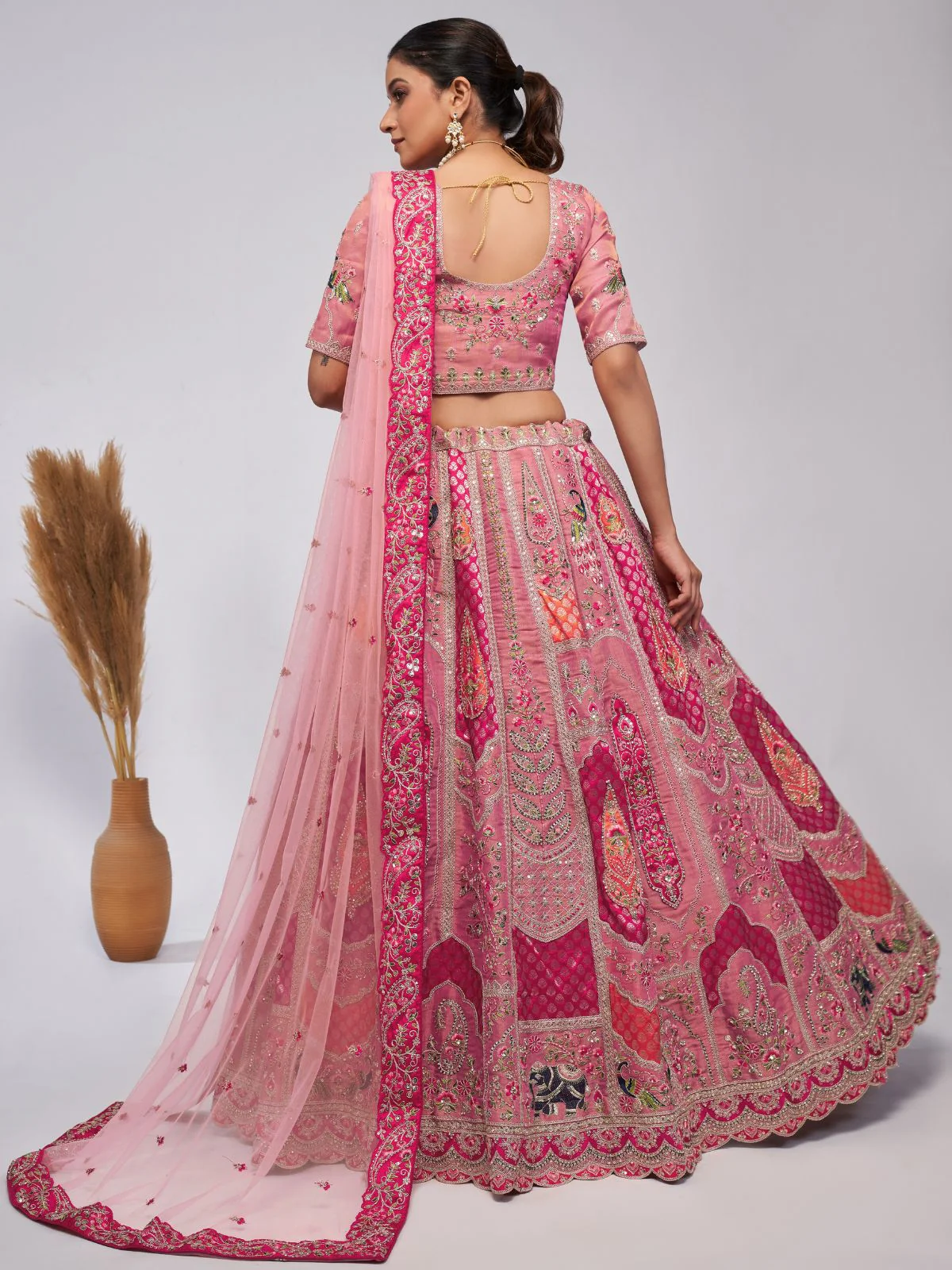 Odette Pink Organza Silk Embroidered Semi Stitched Lehenga With Unstitched Blouse For Women - Image 4