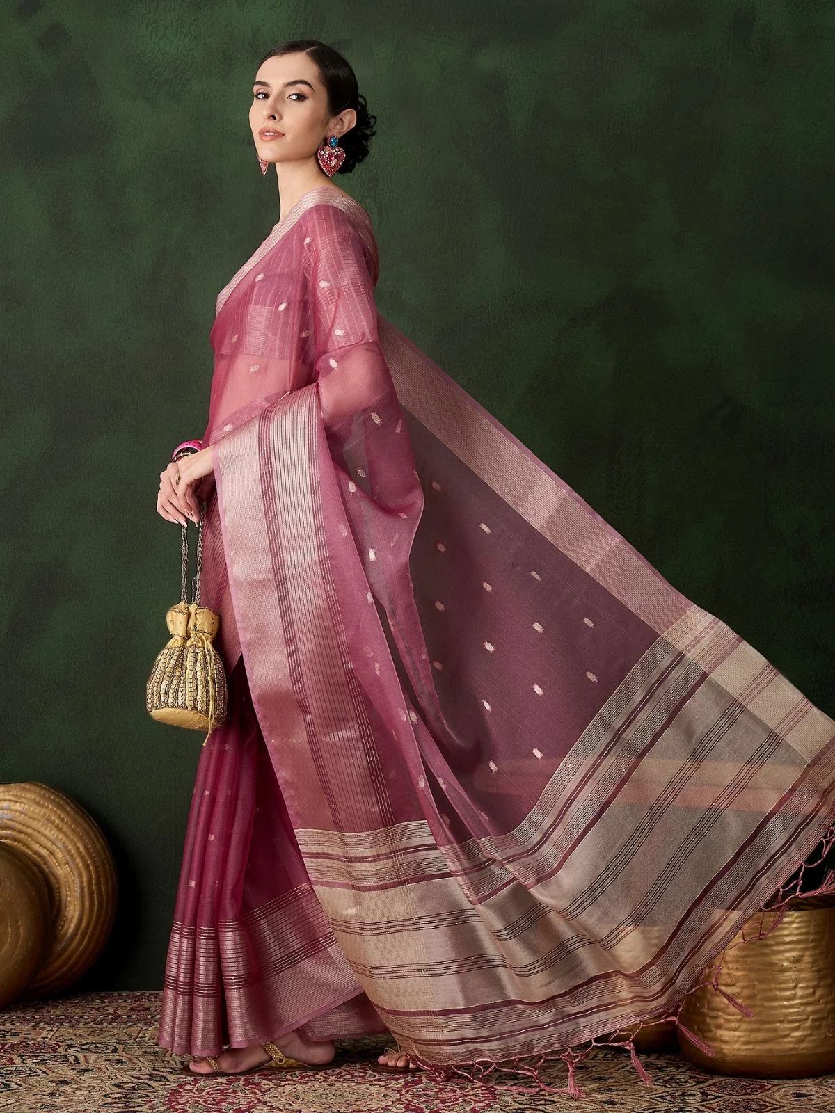 Odette Pink Organza Woven Saree With Unstitched Blouse For Women - Image 2