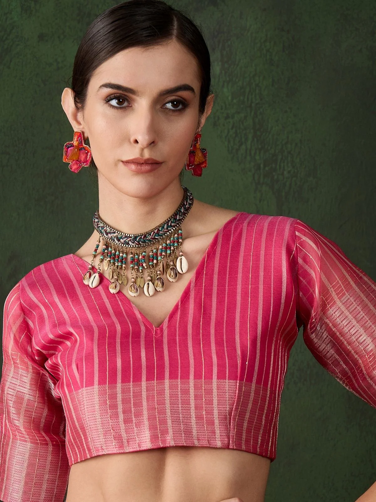 Odette Pink Organza Woven Saree With Unstitched Blouse For Women - Image 5
