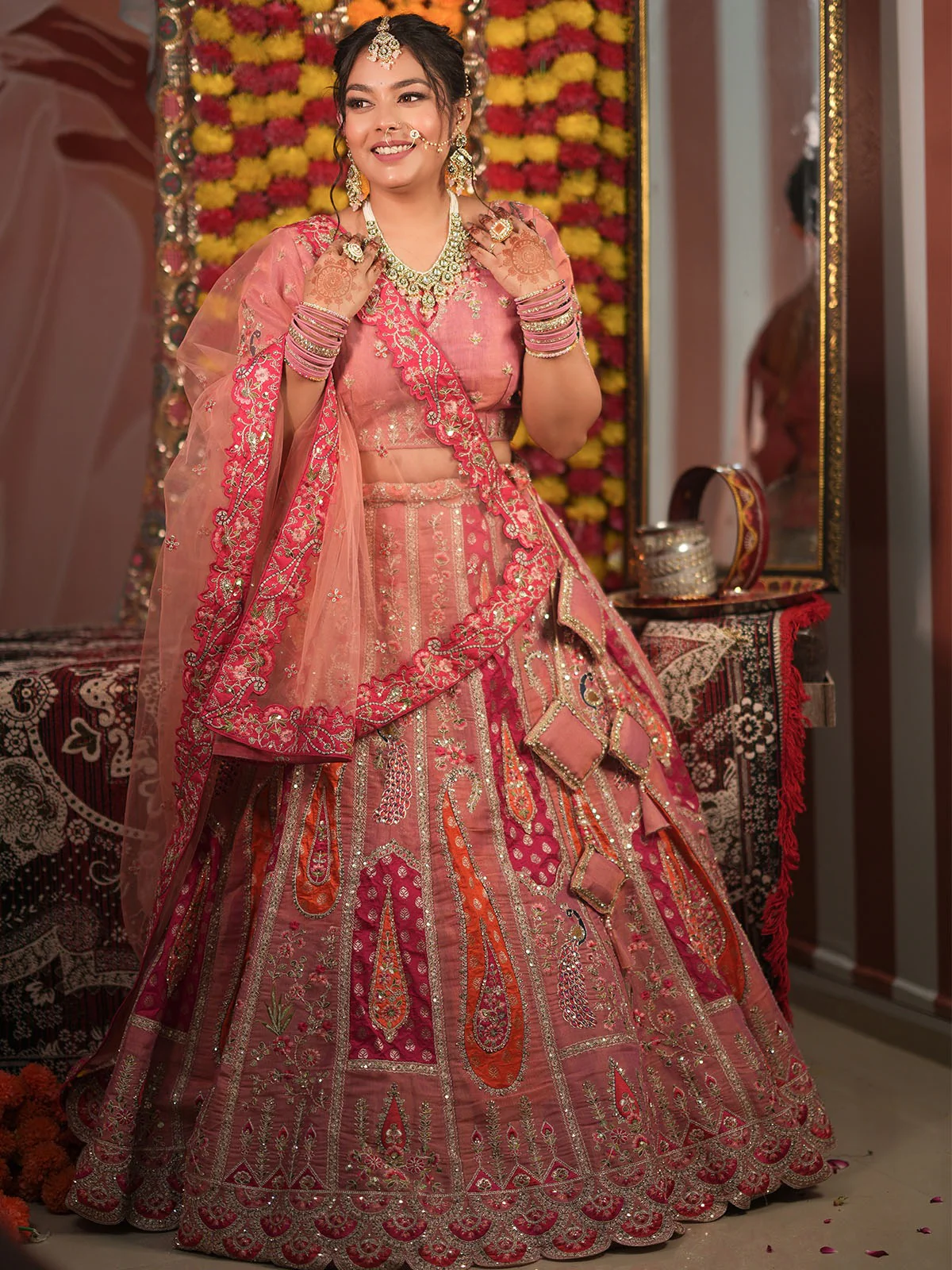 Odette Pink Organza Silk Embroidered Semi Stitched Lehenga With Unstitched Blouse For Women - Image 3